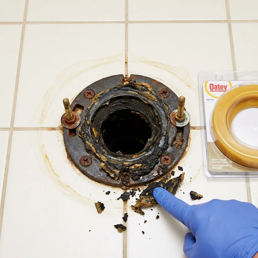 Failed wax ring showing water seepage at the base of a toilet in a Randolph, NY home