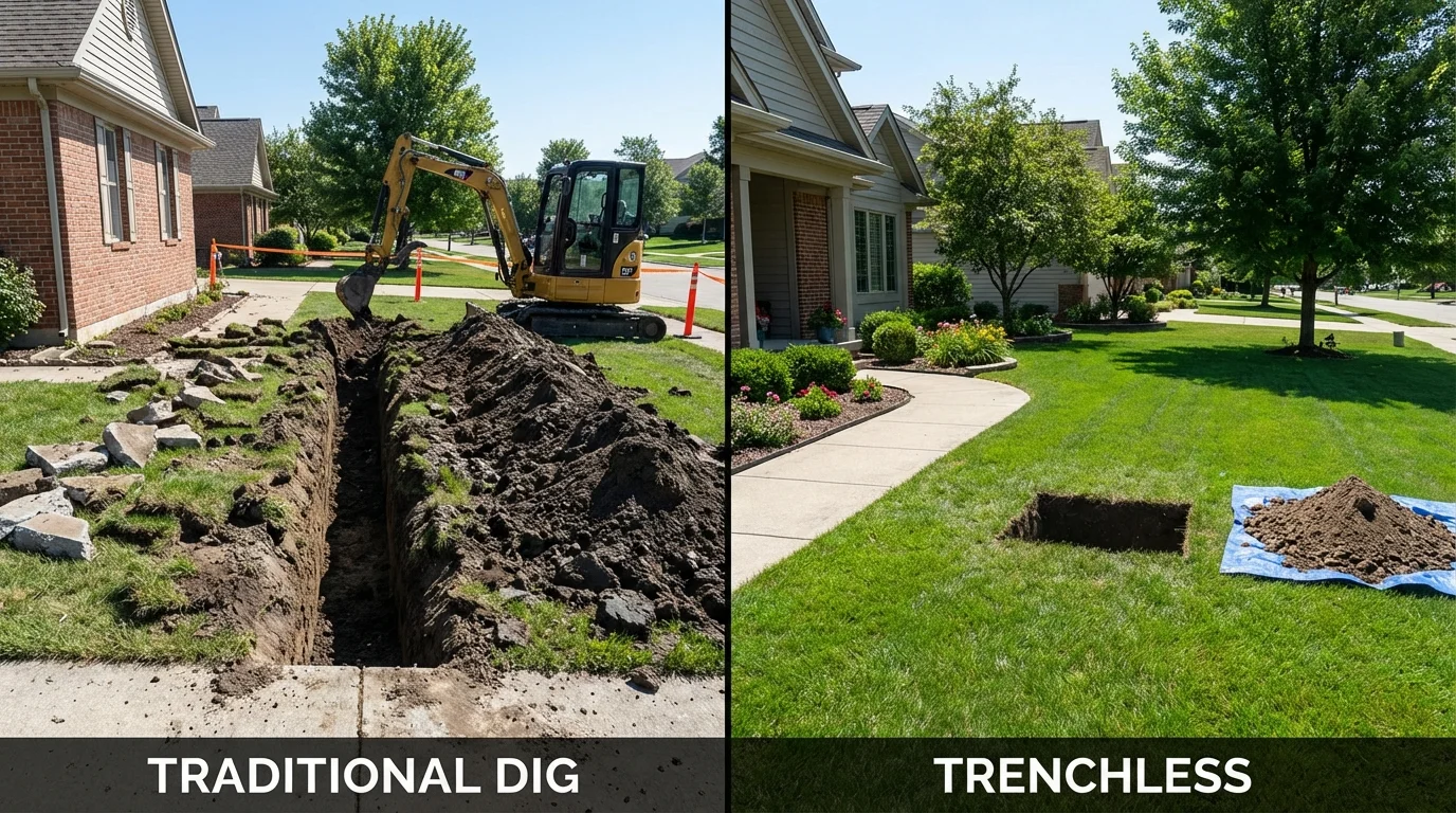 Trenchless sewer repair with minimal yard damage versus traditional excavation in Randolph, NY