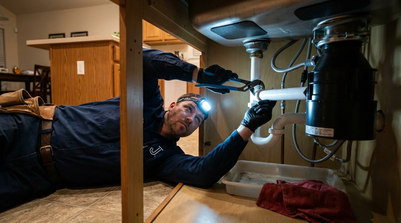 P-trap and supply line connections under a kitchen sink showing a common leak point in Randolph, NY